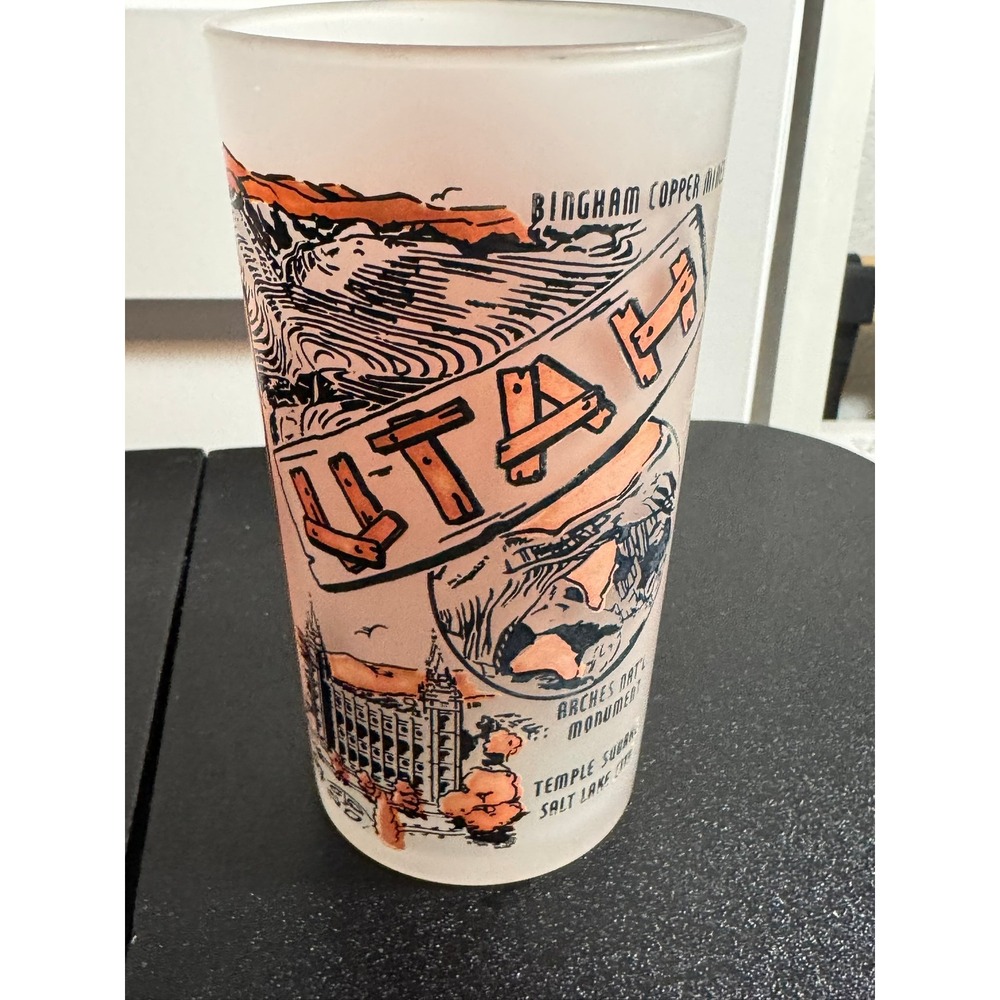 Vintage Utah Souvenir‎ Frosted Glass Tumbler Map Landmarks Bingham Copper Mines